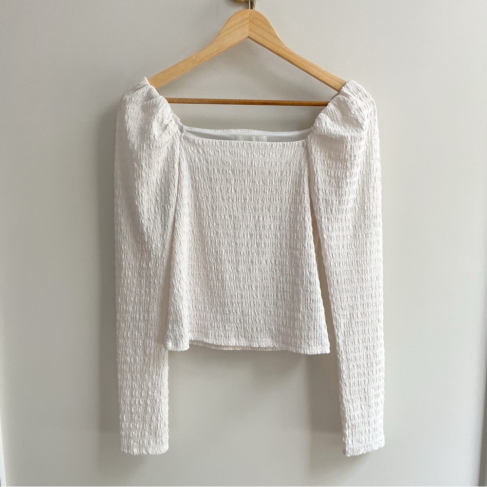 H&M White Smocked Puff Sleeve Or Off The Shoulder Long Sleeve Top XS